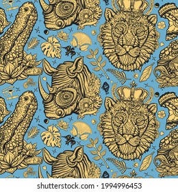 Royal lion, evil crocodile and romantic rhino. African wild animals portrait. Old school tattoo vector background. Traditional tattooing style. Zoo background. Safari in Africa. Seamless pattern