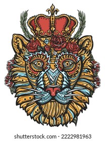 Royal lion and golden crown. African wild animals portrait. Old school tattoo vector art. Hand drawn graphic. Isolated on white. Traditional flash tattooing