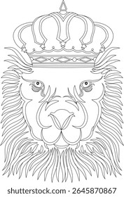 Royal Lion Head Line Art with Crown - Vector Illustration of Majestic Animal Symbol of Strength, Power, and Leadership.