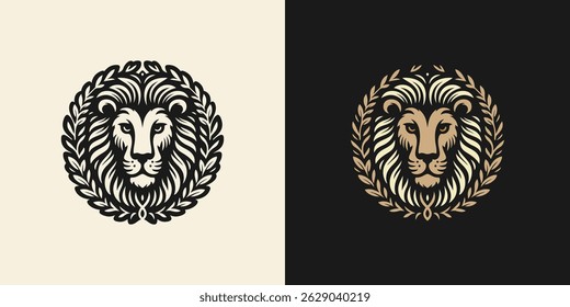 Royal lion head logo with laurel wreath in elegant black and gold design for premium branding and luxury identity