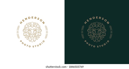 Royal lion head logo template linear vector illustration. Elegant emblem design in frame designed for successful business brand or luxury products packaging line art style.