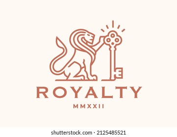 Logo de la llave del león real. Elegante icono de la línea del leo de oro. emblema de lujo de la realeza vintage. Símbolo de elemento de diseño de identidad de marca. Ilustración vectorial.