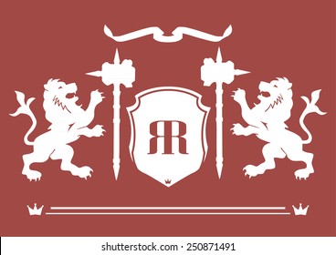Royal lion, shield and hammer icons illustration isolated on red background creative art