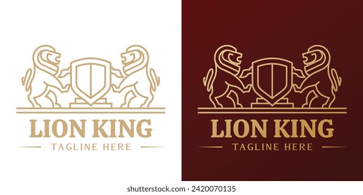 Ilustración del diseño del logotipo de la empresa de leones. Silhouette de un animal salvaje carnívoro con colmillos, cola, garras, león, león, león, leona sosteniendo un escudo, protección de la guardia. Símbolo de icono heráldico real antiguo.