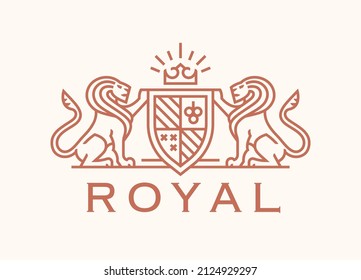 Royal lion shield logo. Elegant gold heraldic crest leo line icon. Luxury vintage heraldry coat of arms emblem. Brand identity design element symbol. Vector illustration.