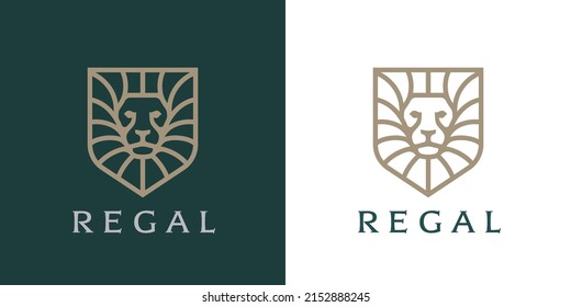 Royal lion shield logo symbol. Regal animal head mane line icon. Vector illustration.