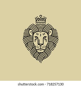 Royal Lion in the style of engraving line design for a premium logo or coat of arms. The lion with the crown symbolizes power and strength.