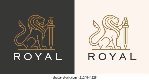 Royal Lion Sword Logo. Elegant Animal Line Icon. Heraldic Leo Symbol. Luxury Heraldry Business Brand Identity. Vector Illustration.