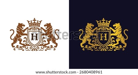Royal Lion or Tiger Crest Logo Design with Ornament Shield and Crown Symbol for luxury brands, premium products, hotels, law firms, universities, Heritage Branding 