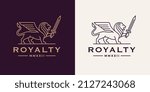 Royal lion wing sword logo. Elegant animal line icon. Heraldic Leo symbol. Heraldry business brand identity concept strength symbol. Vector illustration.