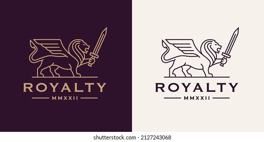 Royal Lion Wing Sword Logo. Elegant Animal Line Icon. Heraldic Leo Symbol. Heraldry Business Brand Identity Concept Strength Symbol. Vector Illustration.