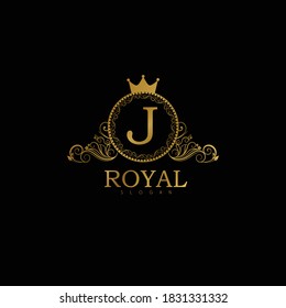 Royal Logo Design Template For Letter J. Logo Design For Restaurant, Royalty, Boutique, Cafe, Hotel, Heraldic, Jewelry, Fashion. Golden Calligraphy Badge For Letter J. Royal Crown Logo Design.