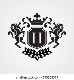Royal logo, a shield with horses. Heraldic emblem isolated vector illustration. Symbols in vintage style.