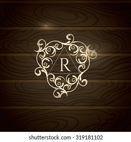 Royal Logo template flourishes calligraphic elegant ornament lines. Business sign, identity for Restaurant, Boutique, Cafe, Hotel etc. Modern monogram, Vector frame, wooden background