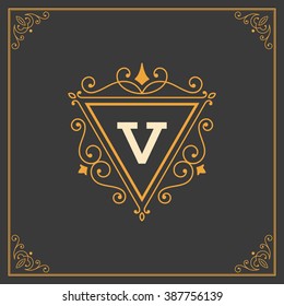 Royal Logo V Design Template Vector Decoration. Flourishes Calligraphic Elegant Ornament Lines. Luxury Crest, Ornament Frame.