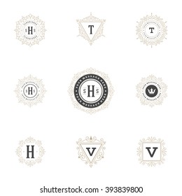 Royal Logos Design Templates Set, Flourish Calligraphic Elegant Ornament lines. Good for Luxury Labels, Crest Signs, Feminine Logos, Boutique and Monograms, Vintage Certificates.