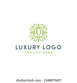 Royal luxurious elegant sophisticated lineart pattern badge Initial U letters  vector designs in green colors