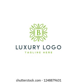 Royal luxurious elegant sophisticated lineart pattern badge Initial B letters  vector designs in green colors