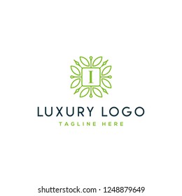 Royal luxurious elegant sophisticated lineart pattern badge Initial I letters  vector designs in green colors