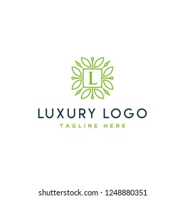 Royal luxurious elegant sophisticated lineart pattern badge Initial L letters  vector designs in green colors