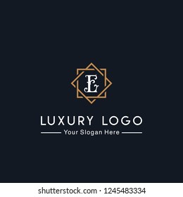 Royal luxurious minimalist elegant sophisticated Initial E letters geometric hexagonal badge logo design with line art style in gold colors