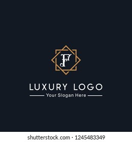 Royal luxurious minimalist elegant sophisticated Initial F letters geometric hexagonal badge logo design with line art style in gold colors