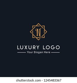 Royal Luxurious Minimalist Elegant Sophisticated Initial Letters N Geometric Hexagonal Badge Logo Design With Line Art Style In Gold Colors