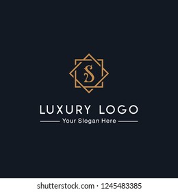 Royal luxurious minimalist elegant sophisticated Initial S letters geometric hexagonal badge logo design with line art style in gold colors