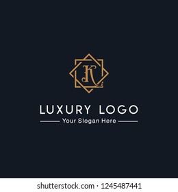 Royal luxurious minimalist elegant sophisticated Initial letters K geometric hexagonal badge logo design with line art style in gold colors