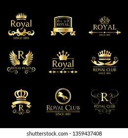 Royal Luxury Classic Logo Set - Isolated On Black Background. Vector Illustration Of Gold Royal Logo, Graphic Design. For Label, Emblem, Seal, Icon Template And App