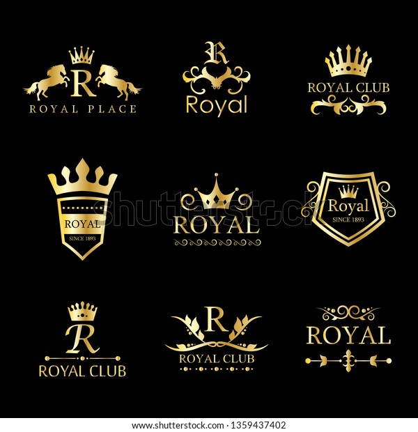 Royal Luxury Classic Logo Set\
- Isolated On Black Background. Vector Illustration Of Gold Royal\
Logo, Graphic Design. For Label, Emblem, Seal, Icon Template And\
App