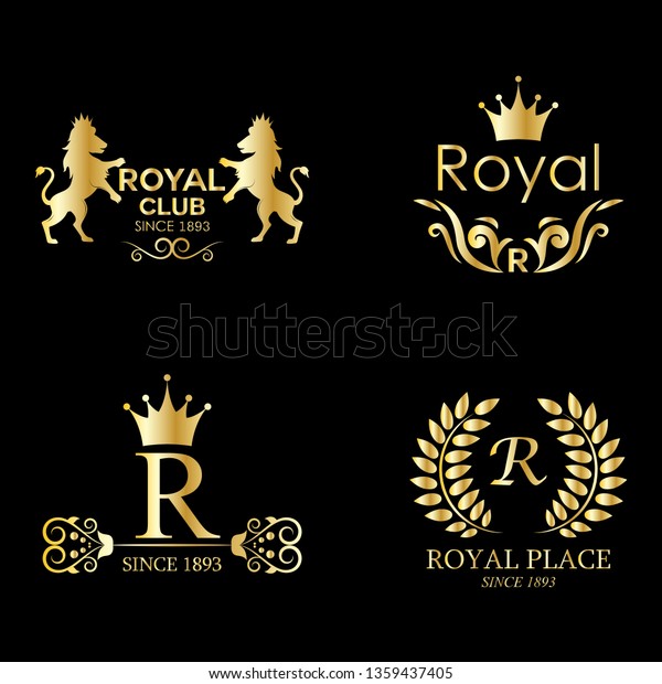 Royal Luxury Classic Logo Set\
- Isolated On Black Background. Vector Illustration Of Gold Royal\
Logo, Graphic Design. For Label, Emblem, Seal, Icon Template And\
App