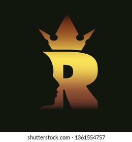 Royal luxury emblem with R letter silhouette. Prince head silhouette with crown. Medieval king profile. Business fantasy badge