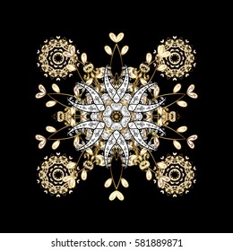 Royal luxury golden baroque damask vintage. Vector pattern background wallpaper with gold antique floral medieval decorative flowers, leaves and gold pattern ornaments on black background.