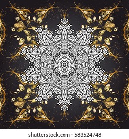 Royal luxury golden baroque damask vintage. Vector pattern background wallpaper with gold antique floral medieval decorative flowers, leaves and gold pattern ornaments on blue background.