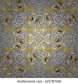 Royal luxury golden baroque damask vintage. Vector pattern background wallpaper with gold antique floral medieval decorative 3d flowers, leaves and gold pattern ornaments. Yellow on background.