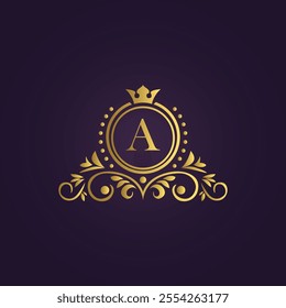 Royal luxury logo design with golden crown and elegant patterns for premium branding