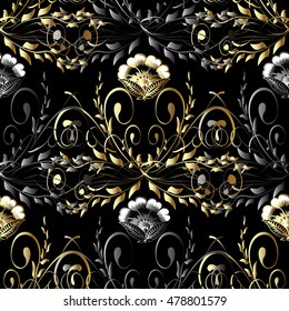 Royal luxury vintage floral vector seamless pattern wallpaper illustration with vintage gold silver decorative antique flowers and ornaments on the black background in Victorian style. Endless texture