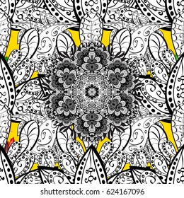 Royal luxury white baroque damask vintage. Vector pattern background wallpaper with gold antique floral medieval decorative 3d flowers, leaves and gold pattern ornaments. On yellow background.