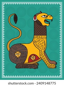 Royal Majesty: Gond Art Depicting Graceful Female Lion. Gond Art, Wildlife Illustration, Female Lion Drawing, Tribal Folk Art, Wall Decor with Animal Theme.