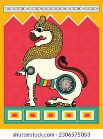 Royal Majesty: Kalighat Painting of the Lion King. Roaring Power: Kalighat Lion King in Vibrant Colors. Madhubani art, Contemporary Art, Indian Paintings, Wall Paintings.