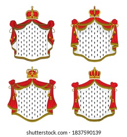 Royal mantle of ermine and gold crown, vector king or queen red cloak with golden fringe, tassels and headwear. Cartoon symbols of monarchy power, emperor coat of arms elements isolated emblems set