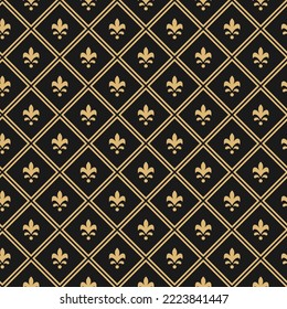 Royal mantle texture. Royal lilly seamless pattern. Gold strokes or seeds on black background. King symmetric background. Golden rhombus pattern. Geometric seamless  texture. 
