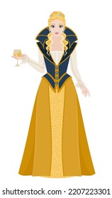 Royal medieval fashion. A young blonde in a blue high collar and a dress embroidered with gold. Historical costume. Flat vector illustration.