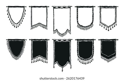 royal medieval flag, silhouette of pennants hanging with tassel. Flat design with white and black background. Editable vector illustration.