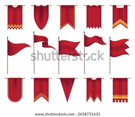 Royal medieval flags. Banners trophy luxury empty red flag set isolated vector illustration