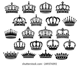 Royal medieval heraldic crowns set in black and white suitable for heraldry, monarchy and vintage concepts