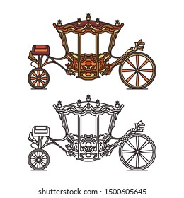 Royal medieval wheel transport or vintage carriage, dormeuse chariot for wedding, buggy for marriage, classic brougham for queen or princess, coach of D. Joao V . Contour icon of waggon.