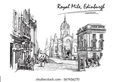 Royal Mile street panorama. Edinburgh, Scotland, the UK. Sketch isolated on white background. EPS10 vector illustration.