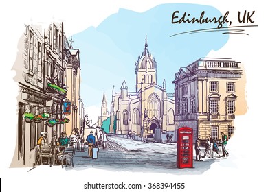 Royal Mile street panorama. Edinburgh, Scotland, the UK. Watercolor imitating painted sketch. EPS10 vector illustration.